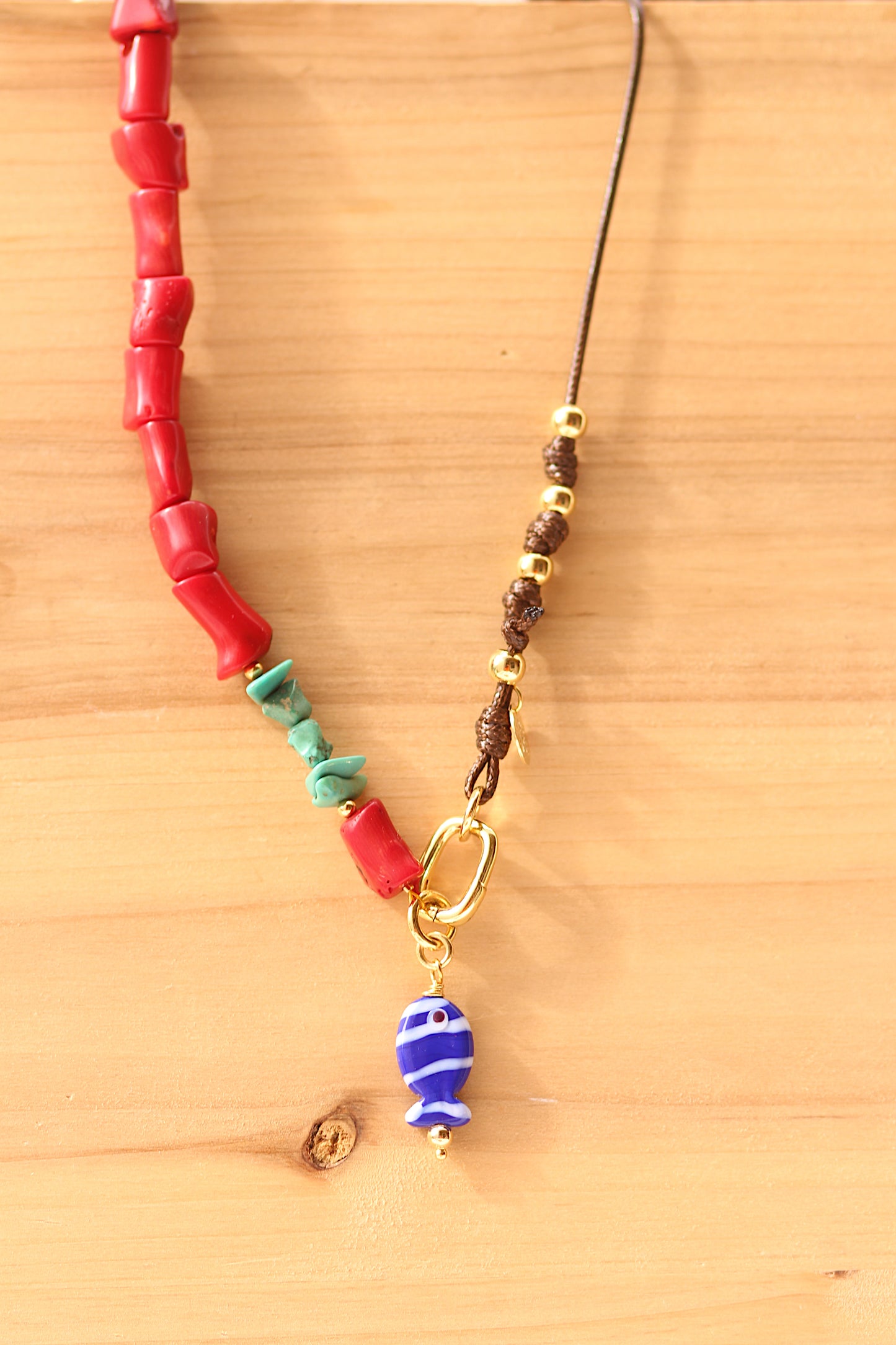 Red coral with turquoise and blue fish necklace
