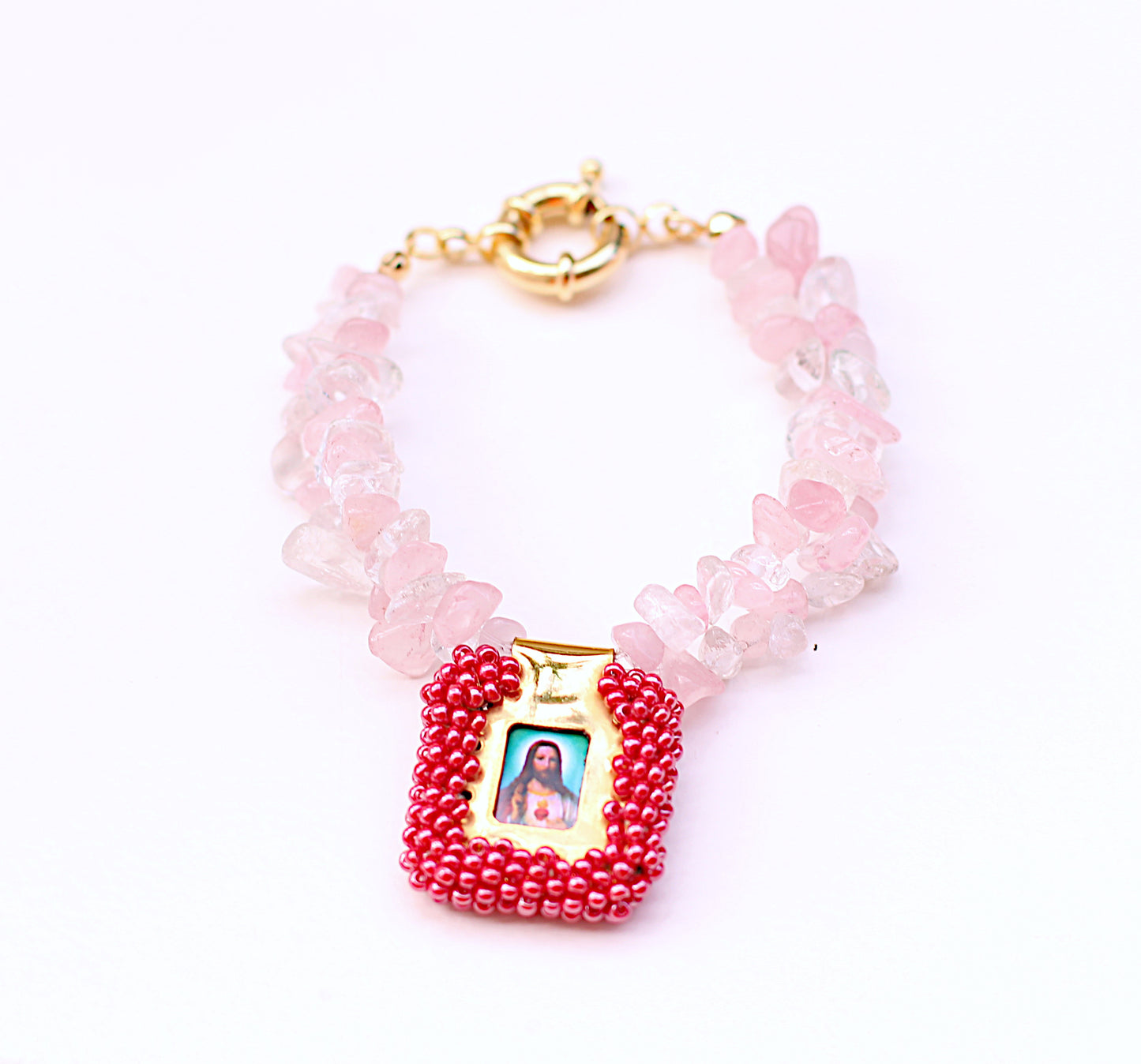 Scapular Sacred Heart of Jesus, pink and clear agate