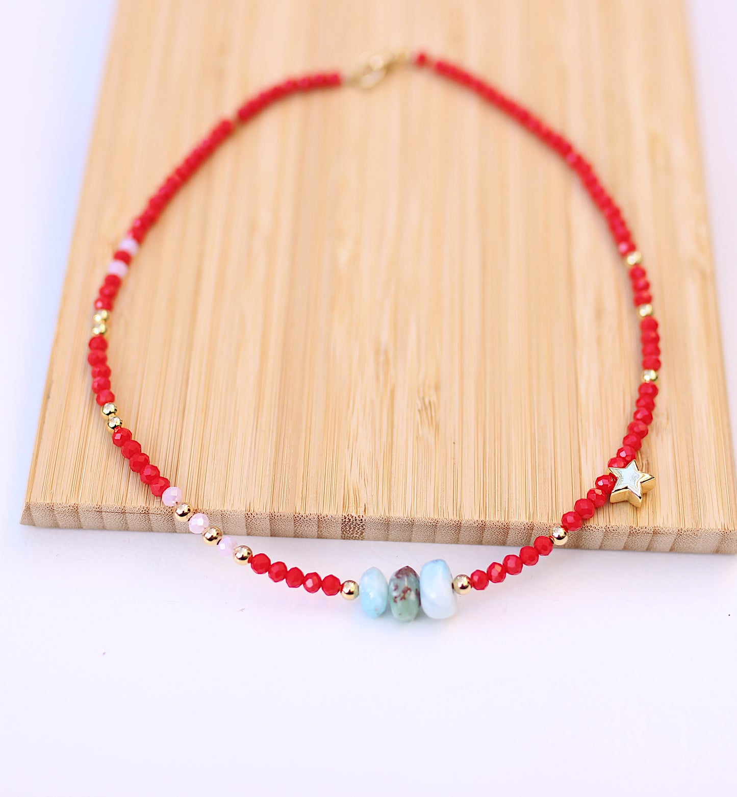 Red glass beads with Larimar necklace