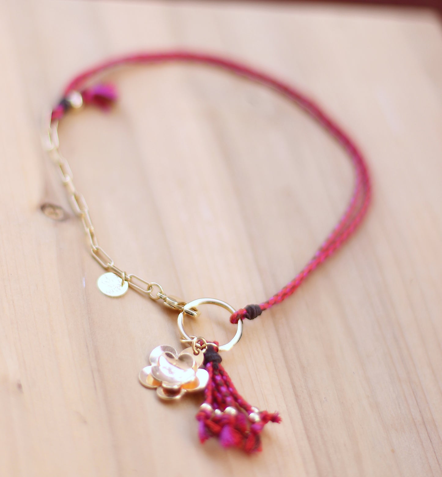 Red Cord and square chain mix necklace