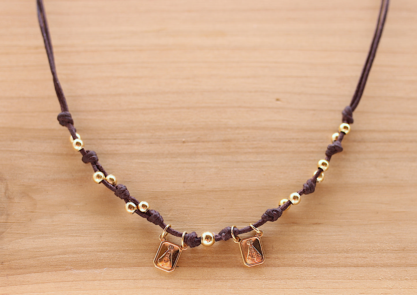 Adjustable cotton waxed cord necklace with Virgen del Valle