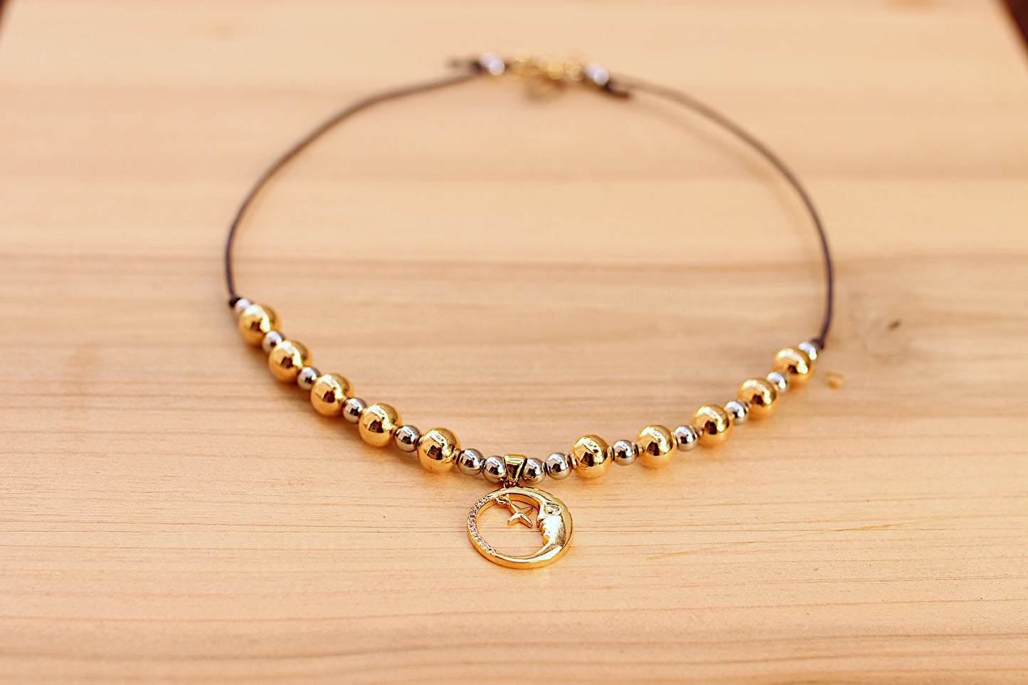 Surgical Steel with gold filled necklace with moon and star charm