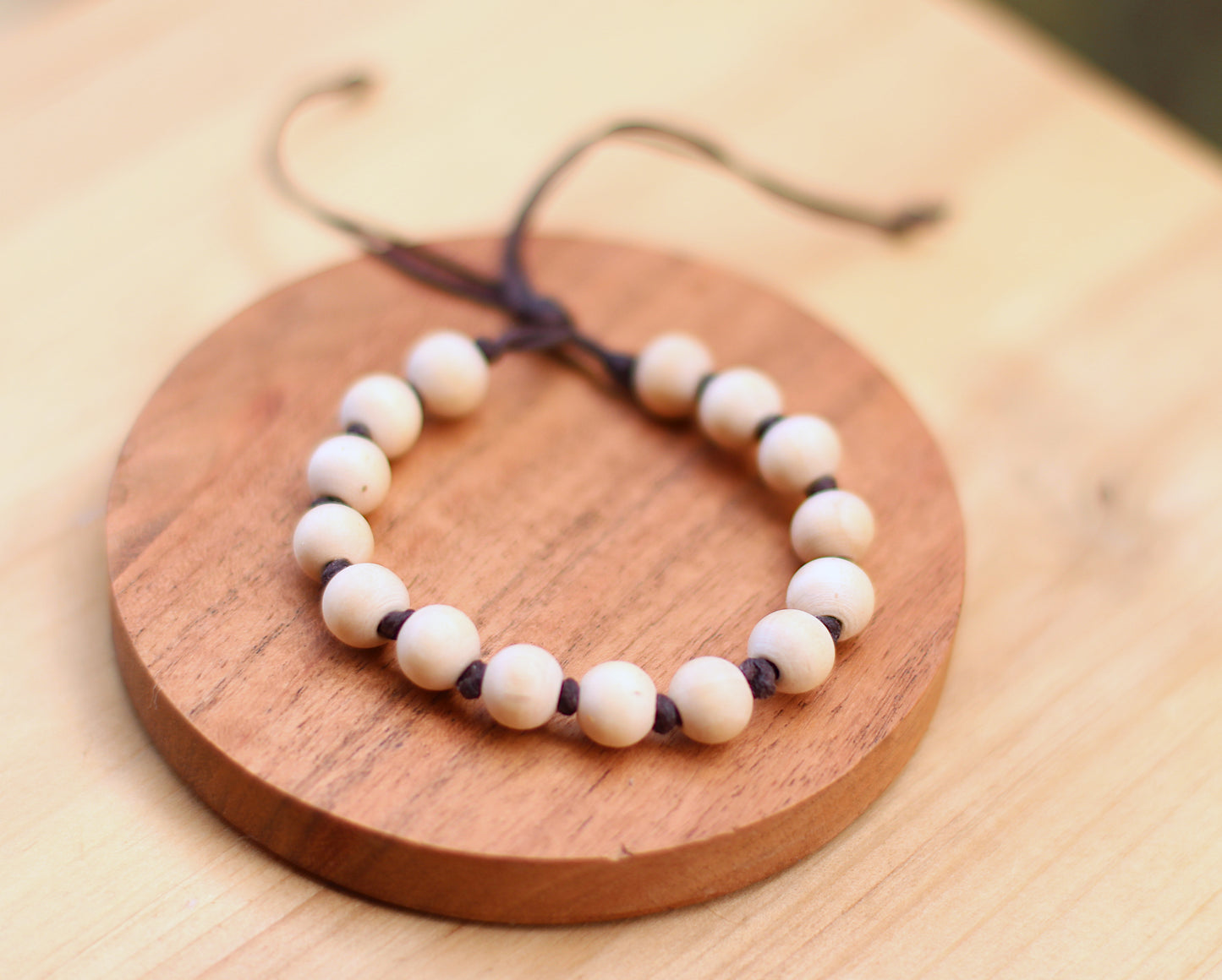 Wood beads with waxed cord bracelet