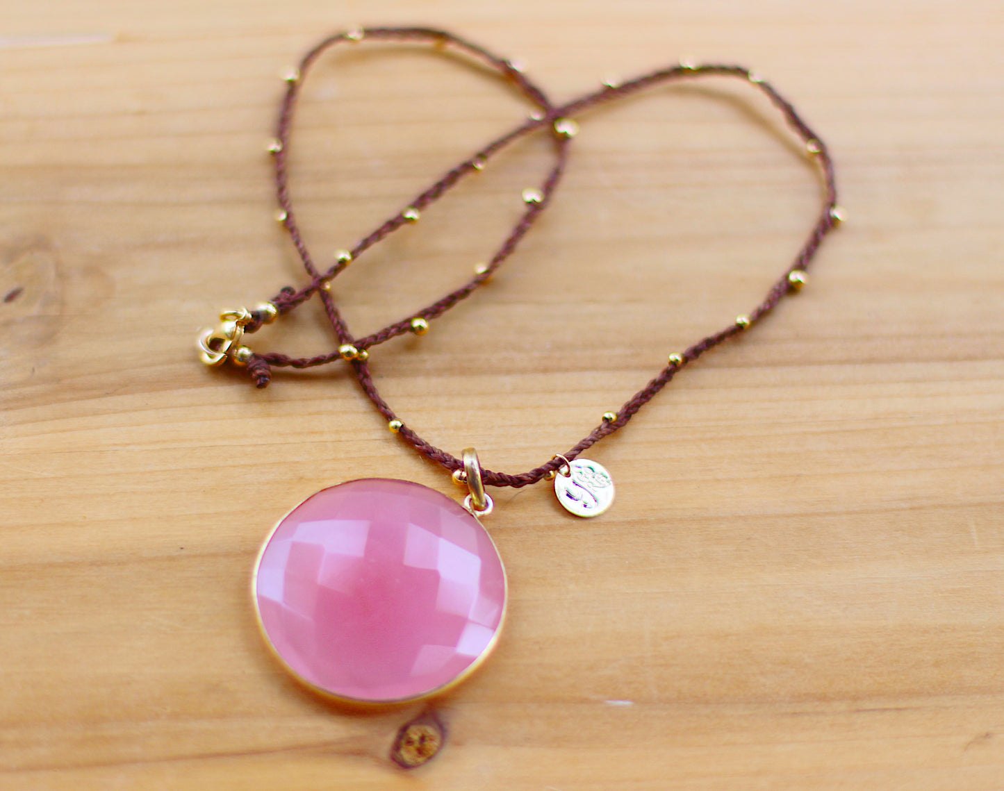 Round Rose Quartz Chalcedony stone necklace.