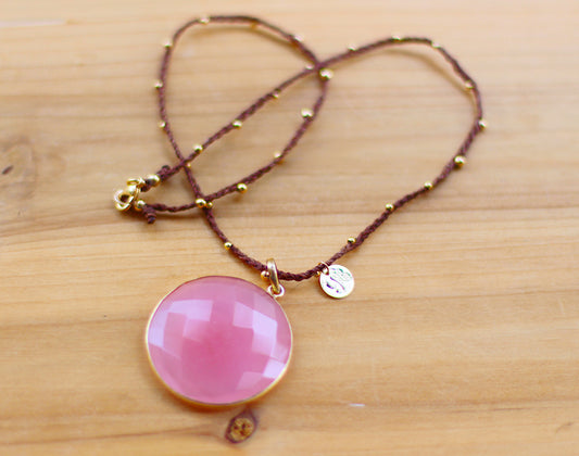 Round Rose Quartz Chalcedony stone necklace.