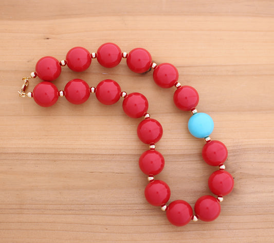 Red and blue over sized beads necklace