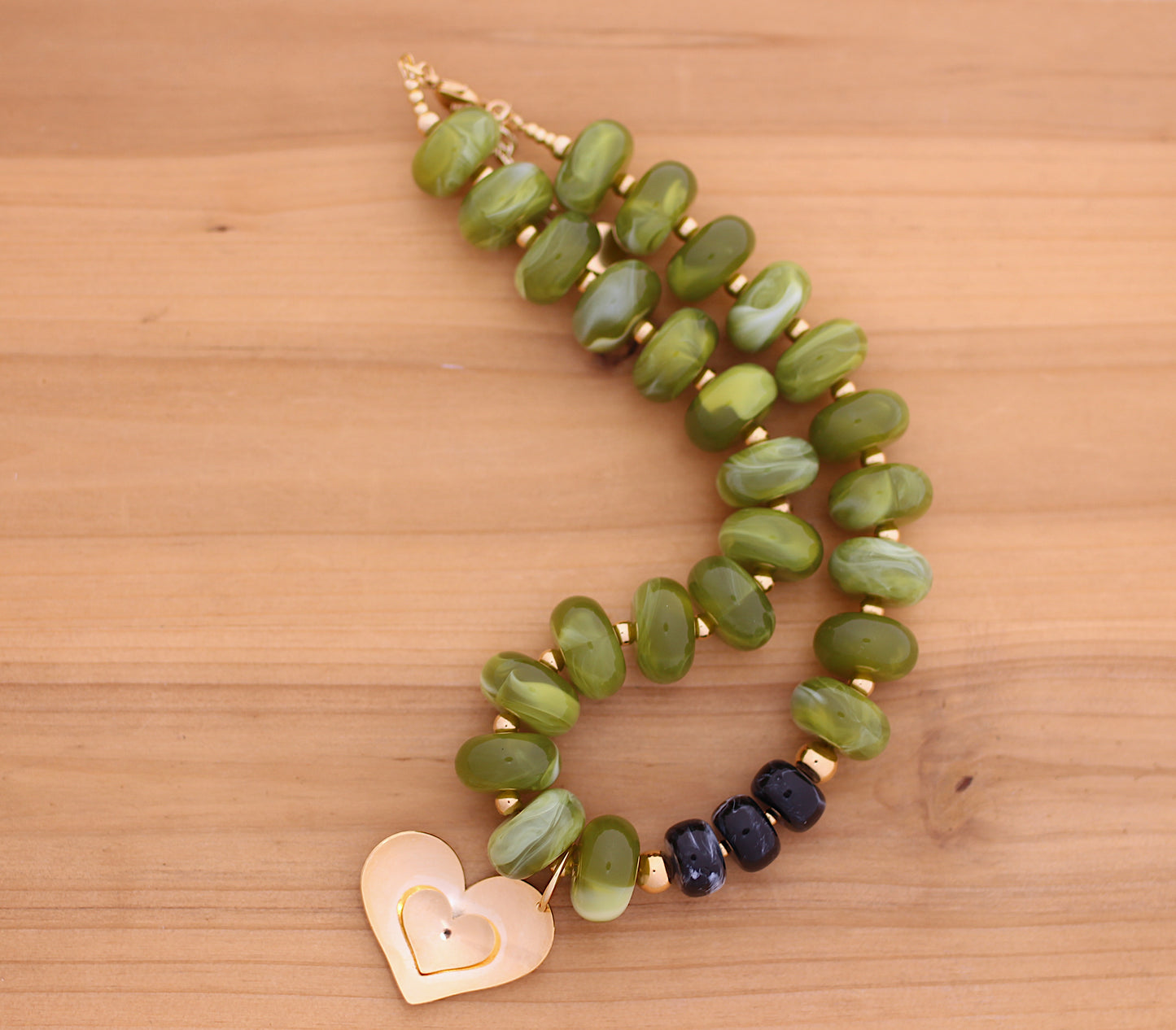 Olive green with black necklace heart charm