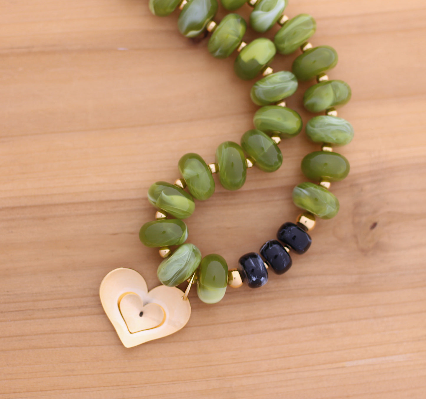 Olive green with black necklace heart charm