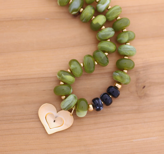 Olive green with black necklace heart charm
