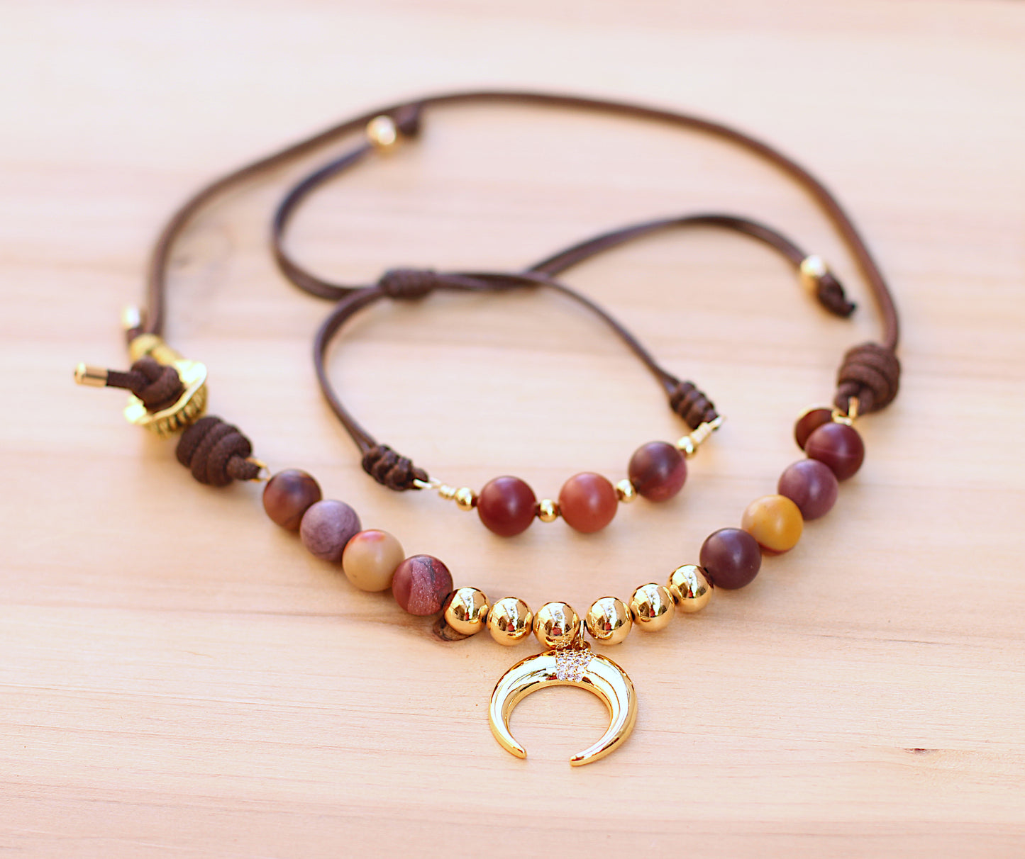 Earth tones beads and moon necklace set