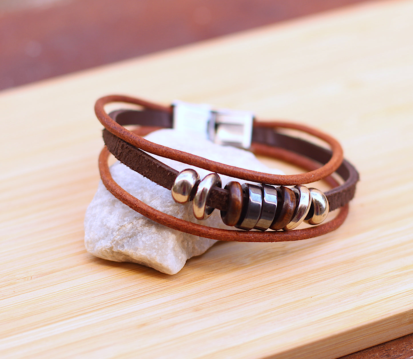 Three strand brown bracelet with beads