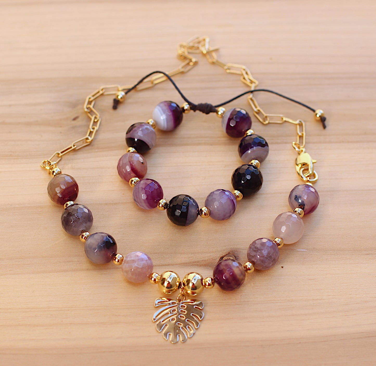 Agate Beads and chain necklace and bracelet set