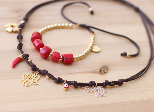 Red coral Bracelet with knotted necklace