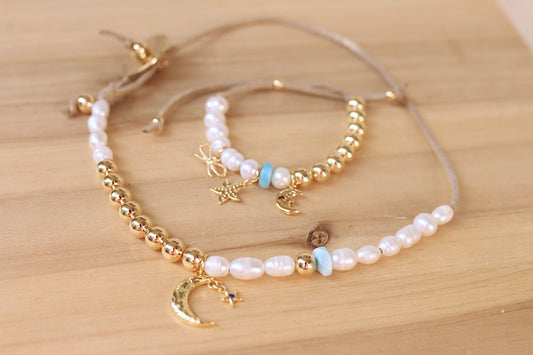 Pearl, Larimar and gold necklace and bracelet set