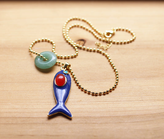 Ball chain necklace with a blue fish and jade