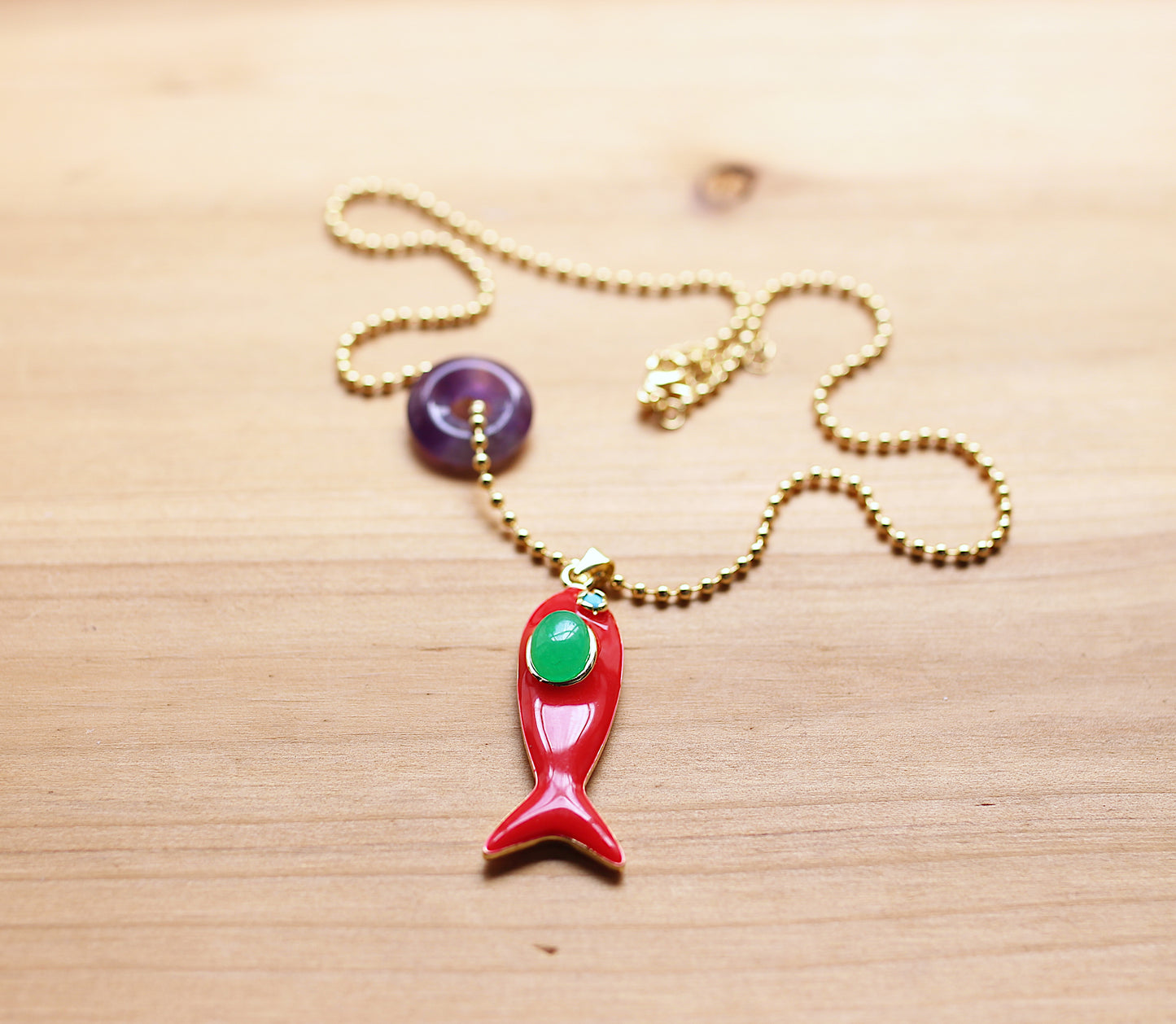 Ball chain necklace with red fish and amethyst