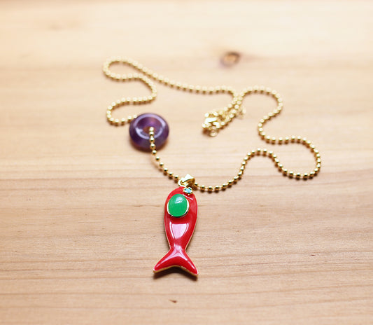 Ball chain necklace with red fish and amethyst