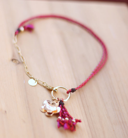 Red Cord and square chain mix necklace