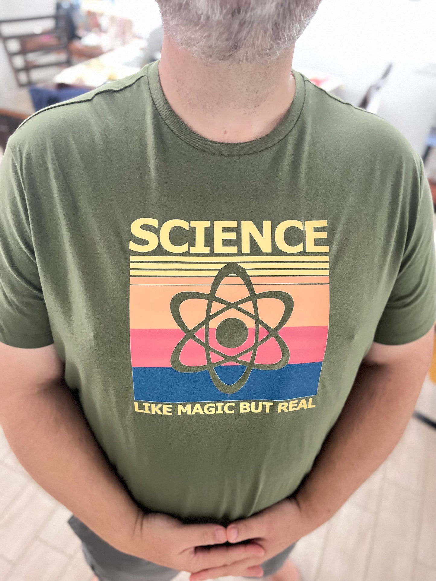 Short sleeve tshirt science is like magic but real olive green