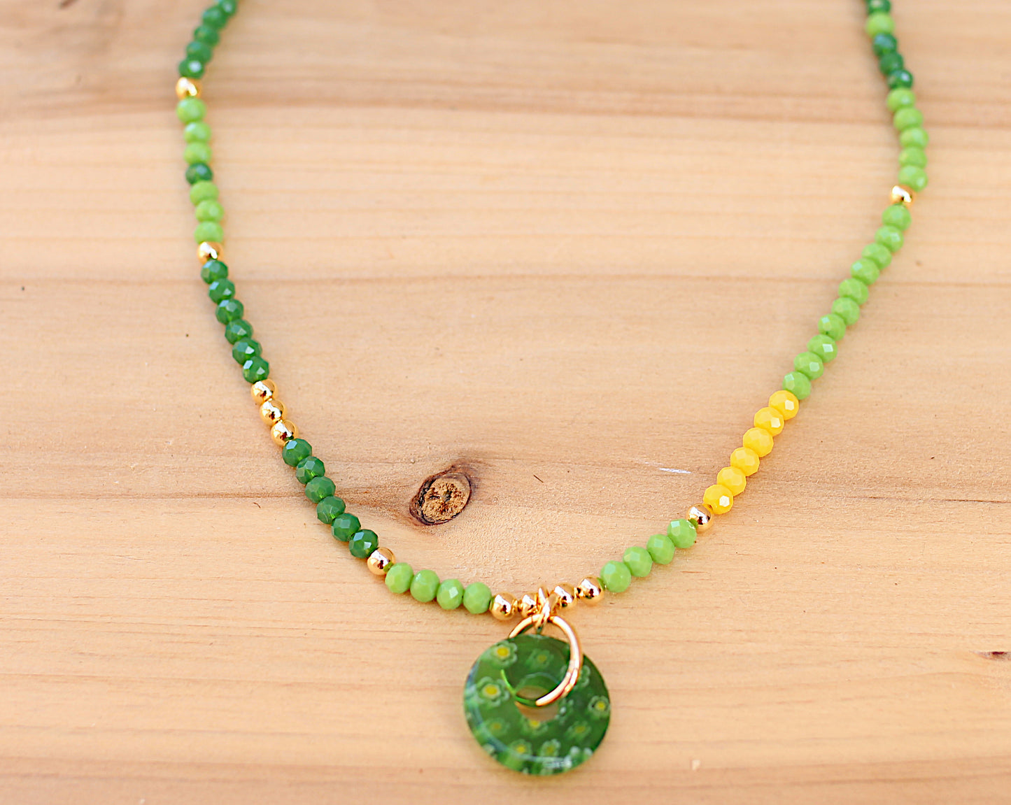 Green and yellow glass bead necklace